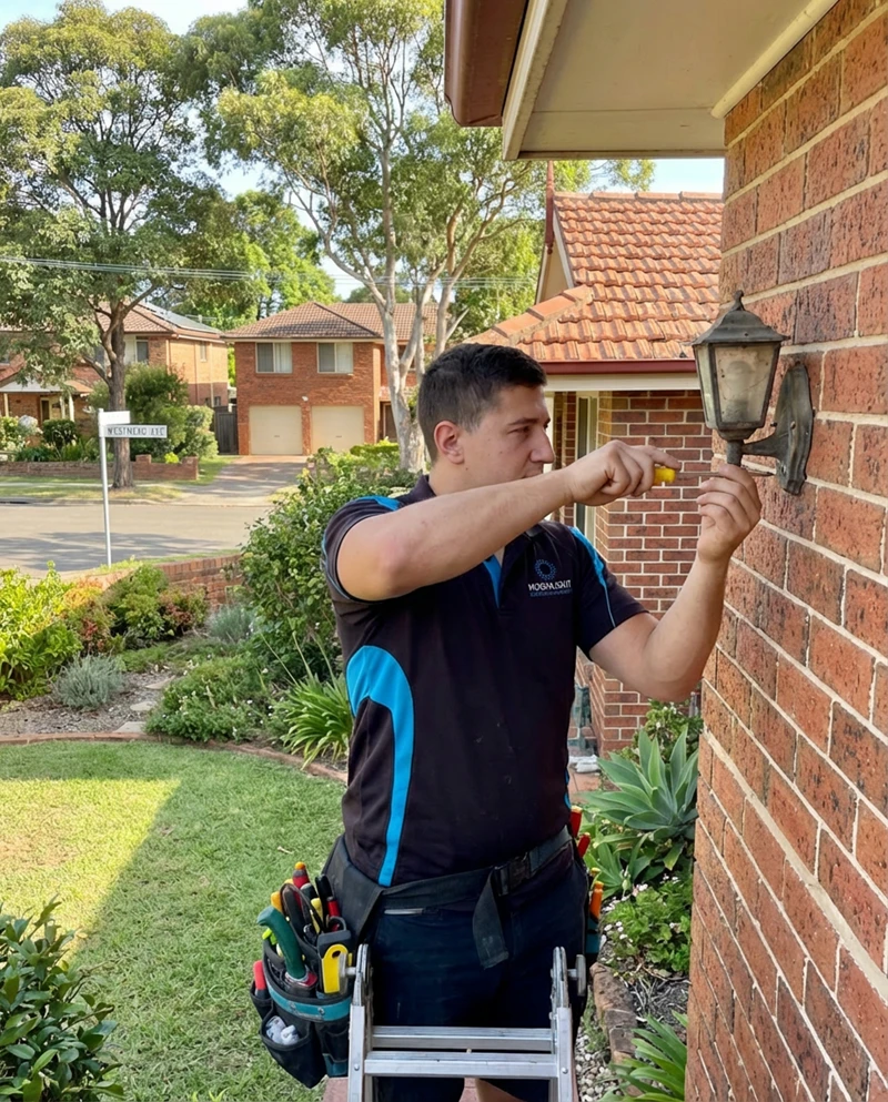 Electrician in Westmead installing an outdoor light