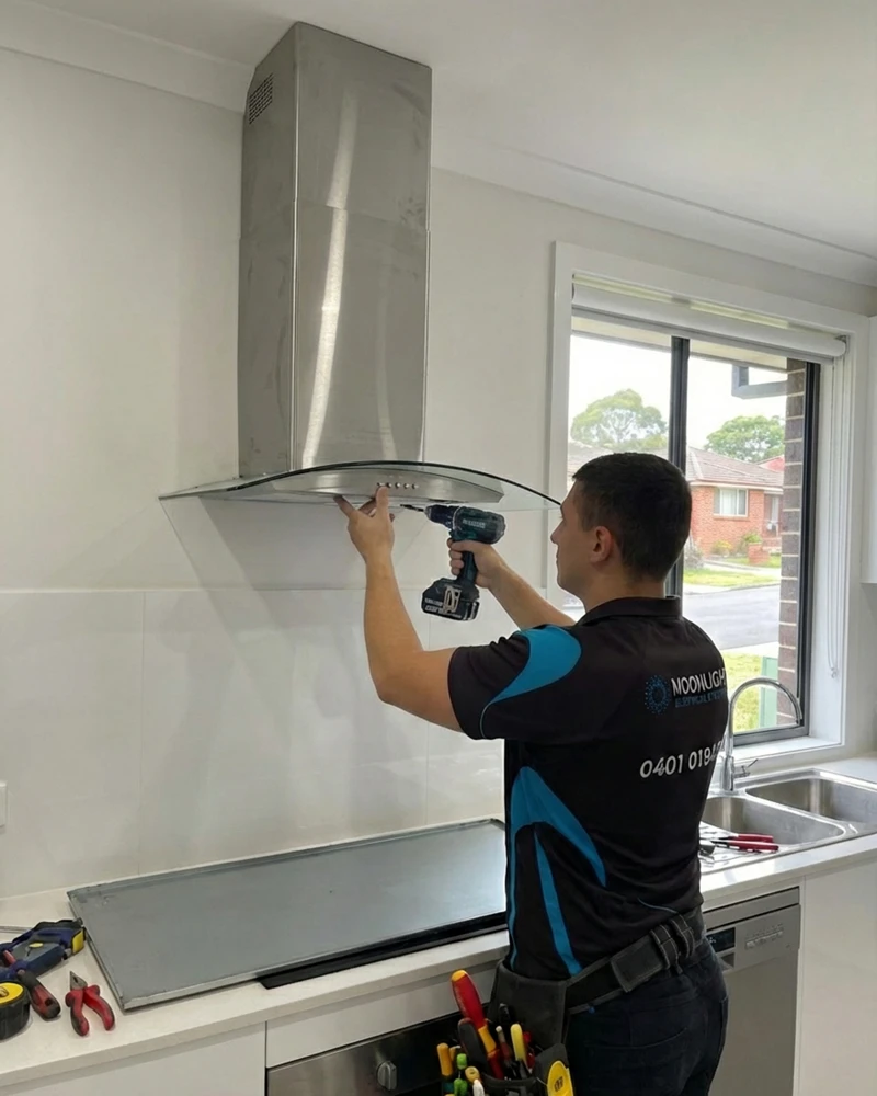 Electrician-installing-a-rangehood Electrician installing a rangehood