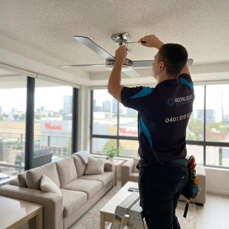 Electrician installing a ceiling fan at Parramatta